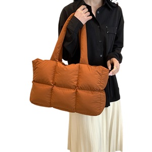 Puffer Tote Bag Large Quilted Puffy Handbag Lightweight Satchel Purse -Brown