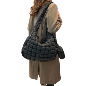 Puffer Tote Bag Quilted Puffy Crossbody Carryall Handbag-Black