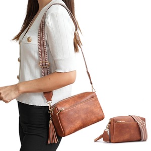 Womens Crossbody Bag with Triple Zipper - PU Leather Shoulder Bag with Adjustable Guitar Strap-Brown