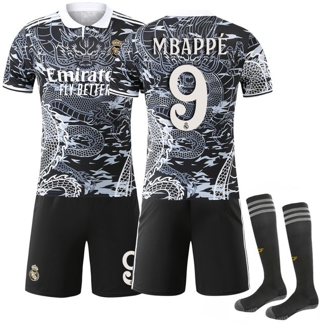 Mbappe Pattern Buy 2526 Real Madrid New Jersey Set 9. MBAPPE Black And White Dragon ...
