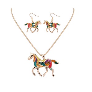 Trendy Fashion Rainbow Colored Horse Pendant Necklace with Earrings Jewelry Sets