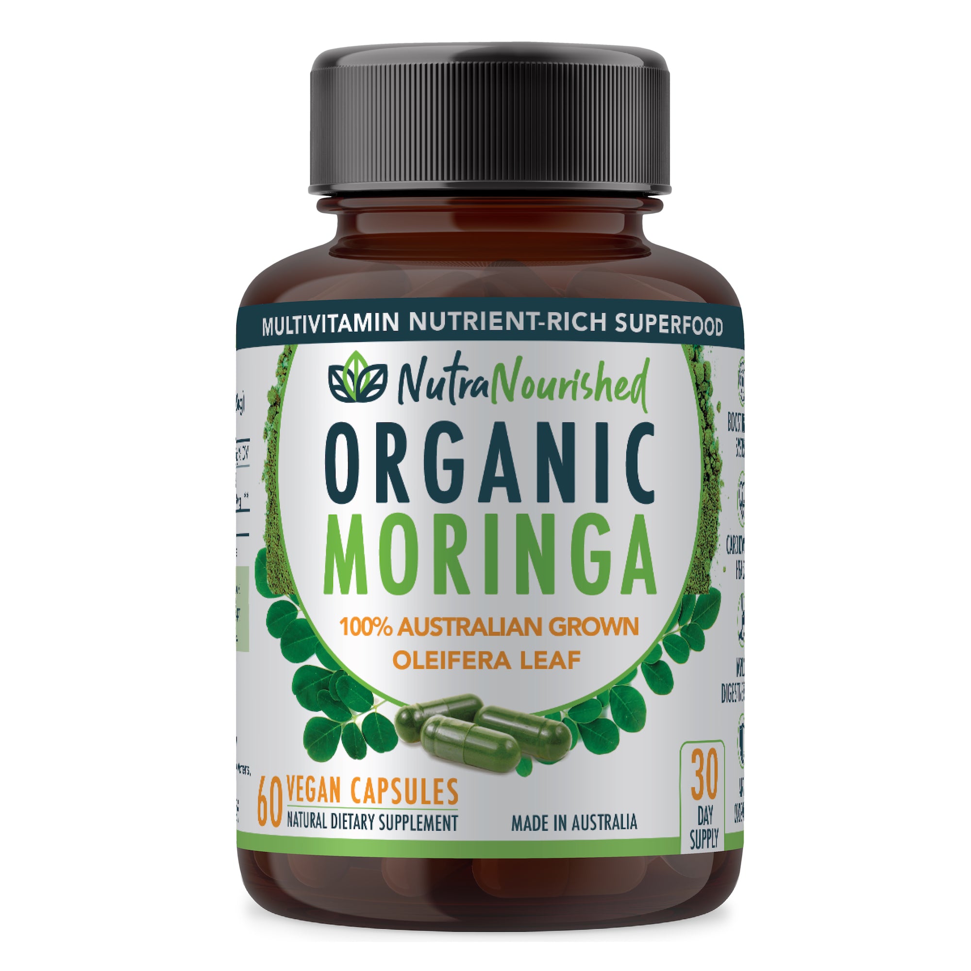 Organic Moringa Leaf Capsules Pure Australian Grown 720mg 60 Vegan Capsules/1 Month