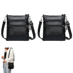 2pcs Mobile Phone Bag Multi Zipper Pocket Cross Body Bag with Detachable Strap-Black