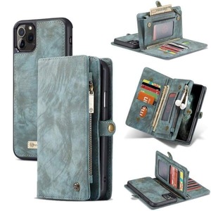 CaseMe For Apple iPhone 11 Pro Max Zipper & Detachable Retro Leather Pouch Wallet Flip Purse Bag Detachable Phone Case Cover (Sky Blue)