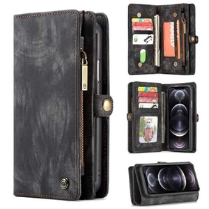 CaseMe For Apple iPhone 12 Pro Zipper & Detachable Retro Leather Pouch Wallet Flip Purse Bag Detachable Phone Case Cover (Black)