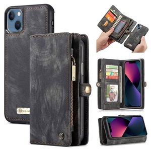 CaseMe For Apple iPhone 13/14/15 Zipper & Detachable Retro Leather Pouch Wallet Flip Purse Bag Detachable Phone Case Cover (Black)