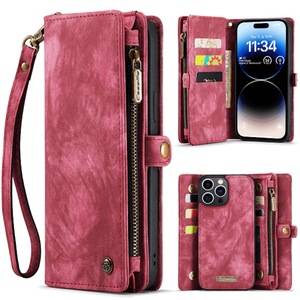 CaseMe For Apple iPhone 14 Pro Zipper & Detachable Retro Leather Pouch Wallet Flip Purse Bag Detachable Phone Case Cover (Red)