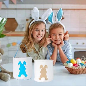 Easter Bunny Tote Basket Cylinder Silk Screen Printed Plush Rabbit Ear Bag