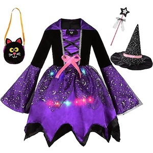 Kids Girls Halloween Party Witch Cosplay Costume Outfit Led Dresses With Hat Magic Wand Crossbody Bag Gifts - 10-12 Years