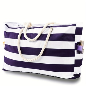 Large capacity tote bag with striped pattern, lightweight and versatile beach bag for summer travel and vacation