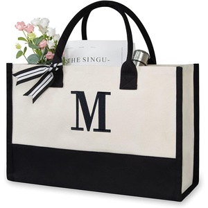 Personalized Initial Canvas Beach Bag, Monogrammed Gift Tote Bag for Women, Letter M