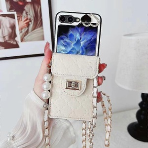 Samsung Galaxy Z Flip6 phone case, card bag folding leather phone case, pearl lanyard phone case, easy to carry