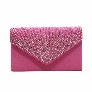 Ladies Frosted Satin Evening Clutch Rhinestones Crossbody Bag-RoseRed