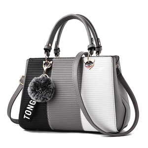 Women Colorblock PU Leather Tote Shoulder Bag With Hair Ball-Grey