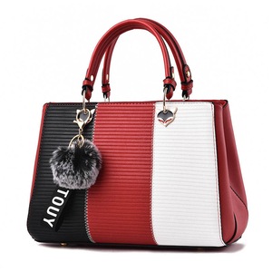 Women Colorblock PU Leather Tote Shoulder Bag With Hair Ball-Wine Red