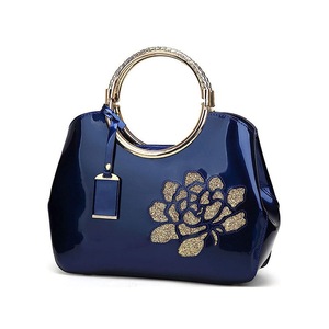 Women Handbag Leather Flower Pattern Satchel Charm Glossy Metal Grip Shoulder Bag-DarkBlue