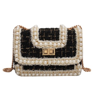 Women Tweed Pearl Chain Purse Crossbody Bag-Black