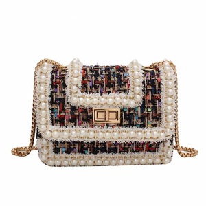 Women Tweed Pearl Chain Purse Crossbody Bag-Colorful