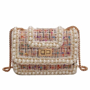 Women Tweed Pearl Chain Purse Crossbody Bag-Pink