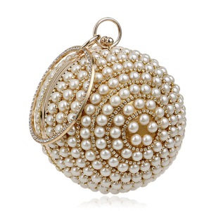 Womens Evening Bag Round Ball Wedding Handbag Artificial Pearl Purse-Gold