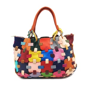 Womens Genuine Leather Tote Bags Cross Body Stitching color Bag-Colorful