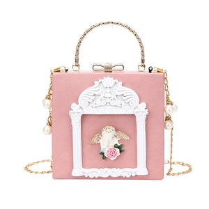 Womens Love Angel Embossed Clutch Evening Bag Bowknot Snaps Crossbody Purse-Pink