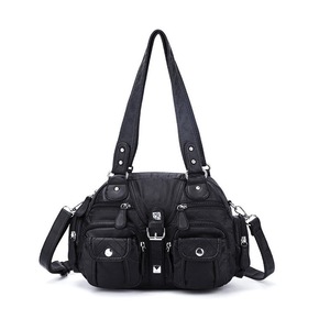Womens Shoulder Bag Handle Satchel Hobo Fashion Washed Leather Purse-Black