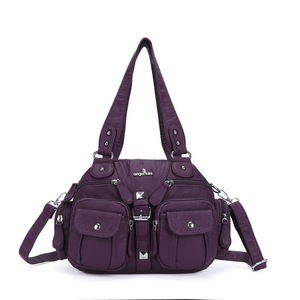 Womens Shoulder Bag Handle Satchel Hobo Fashion Washed Leather Purse-Purple