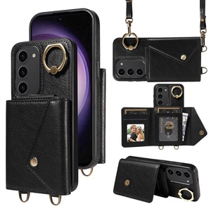 Ring Kickstand Leather+tpu Card Bag Protective Phone Case For Samsung Galaxy S23, + Shoulder Strap