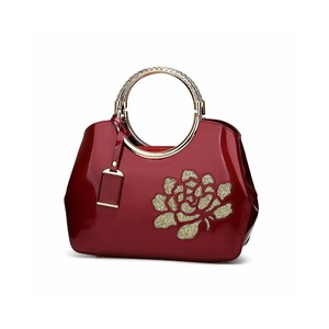Women Handbag Leather Flower Pattern Satchel Charm Glossy Metal Grip Shoulder Bag-WineRed