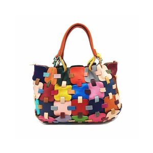Womens Genuine Leather Tote Bags Cross Body Stitching color Bag-Colorful