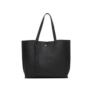 Womens Soft Leather Tote Shoulder Bag Big Capacity Tassel Handbag-Black