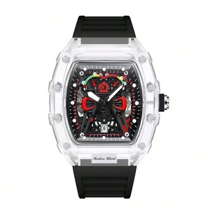 Executive Mens Quartz Watch  Transparent Case, Luminous Display, Silicone Band, Calendar Feature-Black