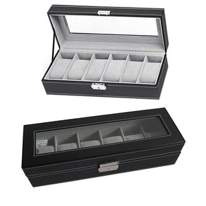 6 Slot Leather Watch Box Display Case Organizer Glass Jewelry Storage Black