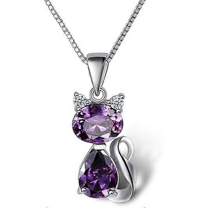 Cat Necklace, 18' Silver Box Chain Women's Amethyst Cat Pendant Jewelry, Purple