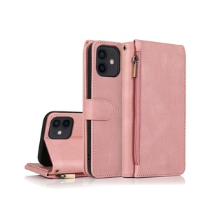 For iPhone 12 Mini Case, Leather Zipper Purse Flip Cover Case with Card Slot Holder Wrist Strap Lanyard (Pink)