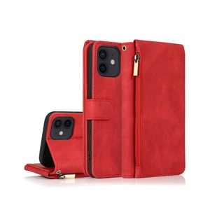 For iPhone 12 Mini Case, Leather Zipper Purse Flip Cover Case with Card Slot Holder Wrist Strap Lanyard (Red)