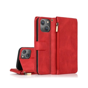For iPhone 13 Mini Case, Leather Zipper Purse Flip Cover Case with Card Slot Holder Wrist Strap Lanyard (Red)