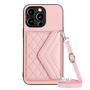 For iPhone 13 Mini Rhombic Texture Card Bag RFID Phone Case with Long Lanyard - Rose Gold
