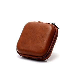 USB Data Cable Storage Bag Leather Earphone Headset Cover Mini Zipper Pouch Box for Most Headsets Drop Resistant - Brown