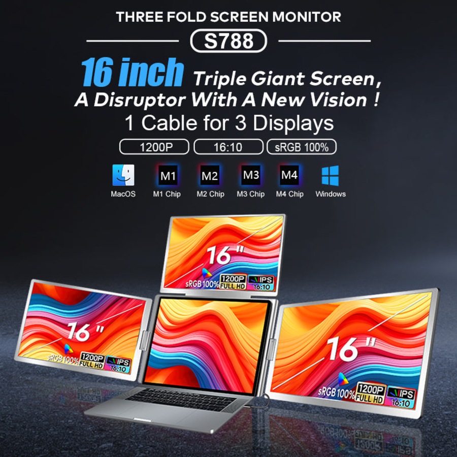 Trion 16" FHD Portable Monitor Quad Screen with One-Cable Triple Display Screen Extender for Laptops (Win10+, Mac M1/M2/M3) (AU Version)