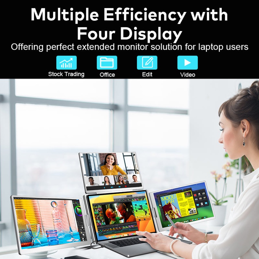 Trion 16" FHD Portable Monitor Quad Screen with One-Cable Triple Display Screen Extender for Laptops (Win10+, Mac M1/M2/M3) (AU Version)
