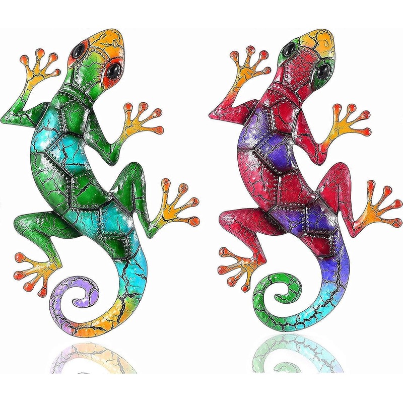 Hanizi Metal Gecko Wall Decor Set Of 6 - 8.5x4.3 Inch Colorful Hanging Sculptures For Indoor & Outdoor