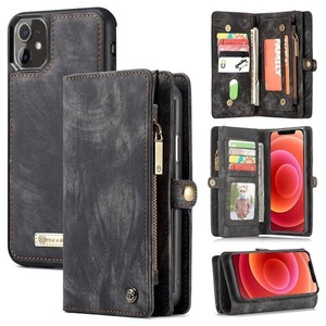 CaseMe For Apple iPhone 12 Mini Zipper & Detachable Retro Leather Pouch Wallet Flip Purse Bag Detachable Phone Case Cover (Black)