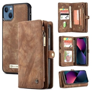 CaseMe For Apple iPhone 13 Mini Zipper & Detachable Retro Leather Pouch Wallet Flip Purse Bag Detachable Phone Case Cover (Brown)