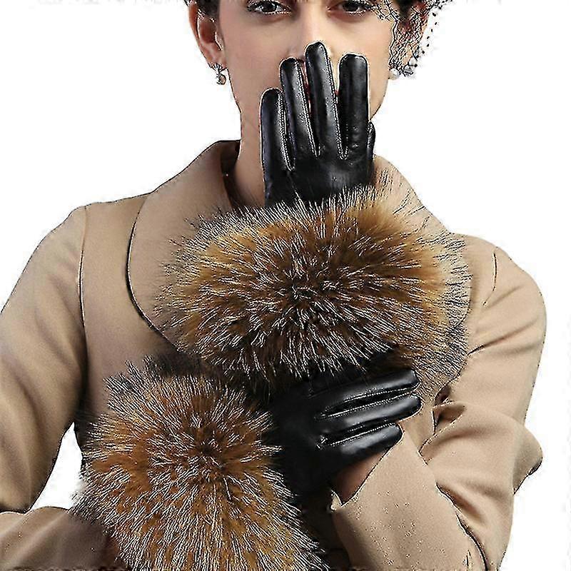 Women’s 100% Genuine Fox Fur Warm Gloves – Real Lambskin Leather – Fleece Lined – Winter