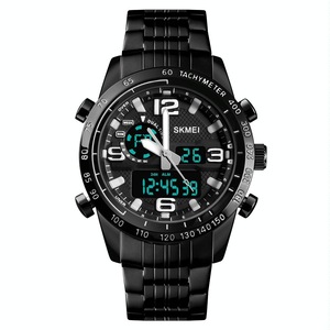 Waterproof Dual Movement Men Watch with Steel Strap - Black
