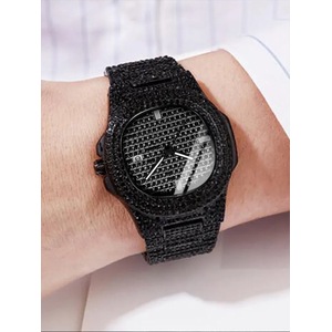 1pcs Fashion Business Calendar Men's Full Diamond Black Steel Band Quartz Watch