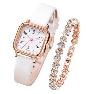 2 Piece Fashion Watch Bracelet Set Square Design Leather Strap Quartz Movement