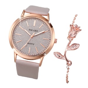 2 Piece Shiny PU Leather Quartz Watch Set Rose Flower Bracelet